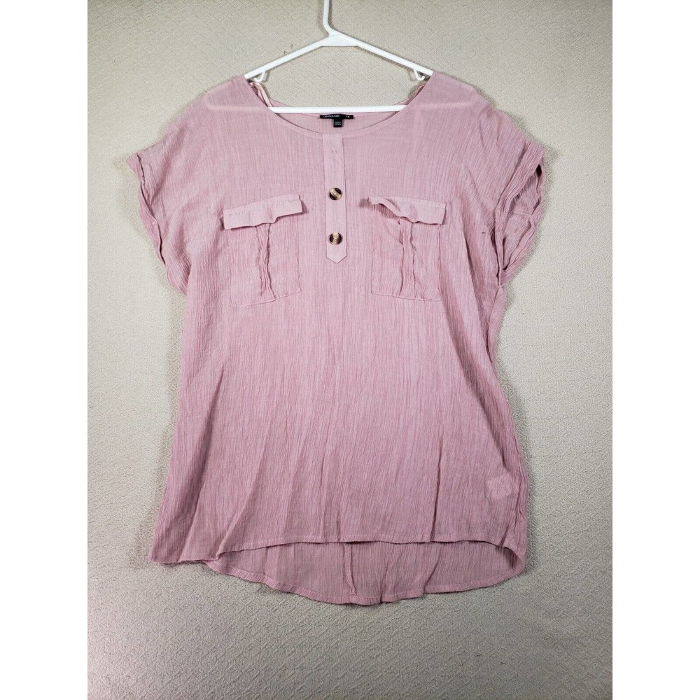 Le Rouge Shirt Womens 1X Pink Short Sleeve Round Neck Pleated Blouse Top Pockets